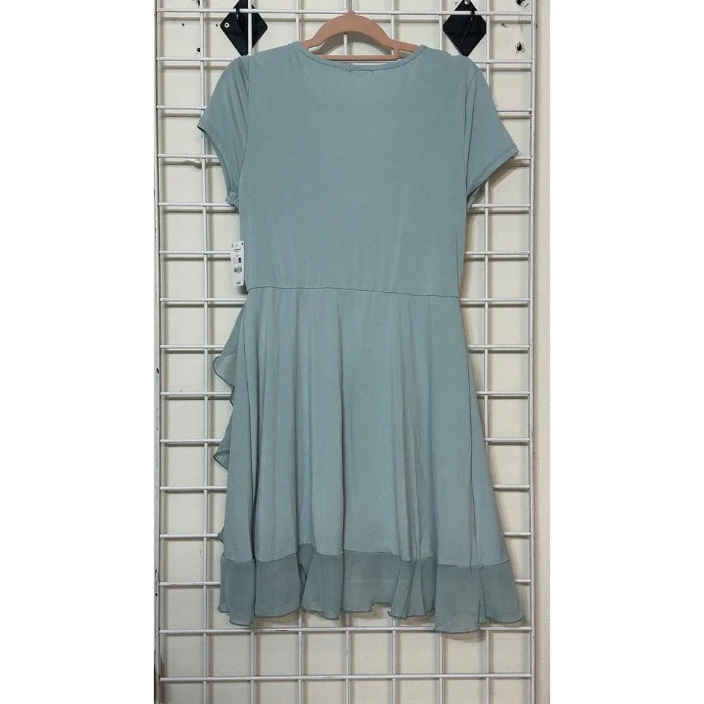Ardene Sage Green Ruffle Wrap Dress Rosette Detail V-Neck Junior‎ size Large NEW